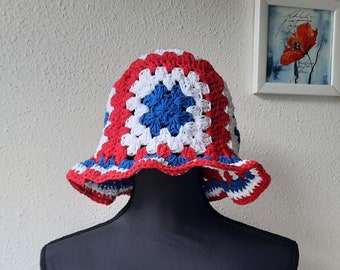 Bob d'été en coton pour femmes - bob d'été en coton - Chapeau de soleil au crochet - Carrés grand mère - Couleurs de France