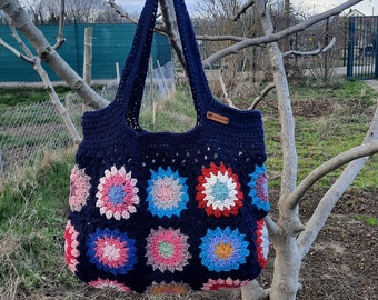 sac fait main, sac porte a épaule, sac fait main motif grand mère, sac crochet motif de Mami