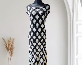 Black and White Crochet Long Dress  Boho Chic Cotton Dress  Handmade Maxi  Dress - Etsy