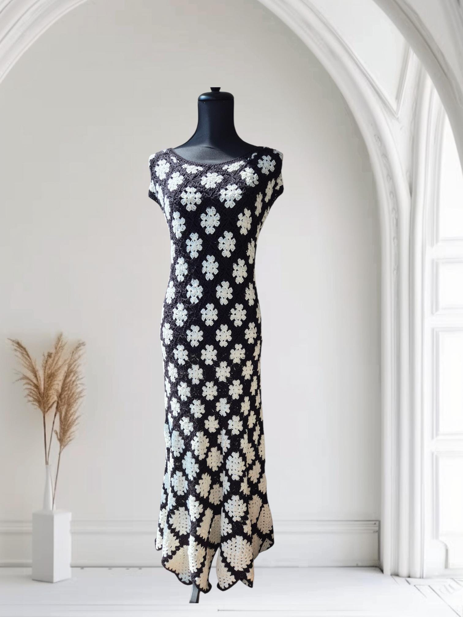 black and white crochet dress Crochet Detail Midi Dress Black White