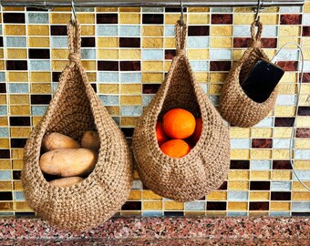 Panier mural en jute au crochet, organisateur de cuisine, paniers de légumes, panier de rangement suspendu, panier de ferme, panier suspendu en forme de larme