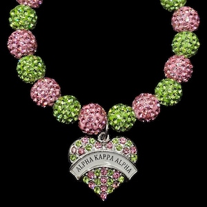 SORORITY BRACELET, AKA Pearl Bracelet, Mother&#39;s Day Gift, Celebrate Sisterhood With Pink & Green Alpha Kappa Alpha Heart Charm Bracelet