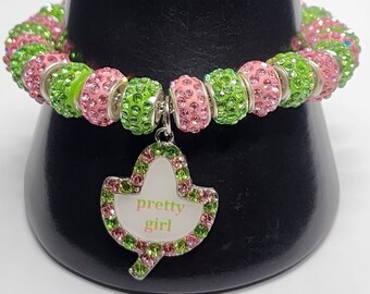 Alpha Kappa Sorority Bracelet: Pink & Green Crystal Bead Charm