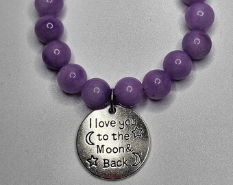 Mothers Day Lavender Beaded bracelet with I love you to the moon and back charm