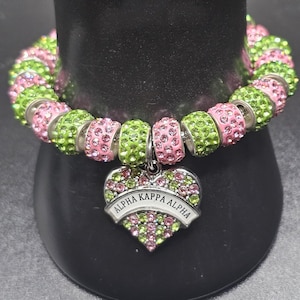 AKA SORORITY BRACELET, Perl Bracelet, Bracelet, Celebrate Sisterhood With Pink & Green Alpha Kappa Alpha Letter Heart Charm Bracelet, Gift