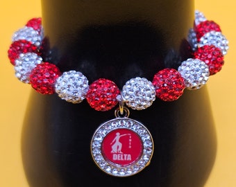 Delta Sorority Bracelet, Rhinestone Charm, Red and White