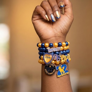 Sigma Gamma Rho Stackable Bracelet Set of 5 SGRho Sorority Jewelry Blue and Gold Pearl Beaded Charm Bracelet 1922 Poodle and Rhoyalty Gift