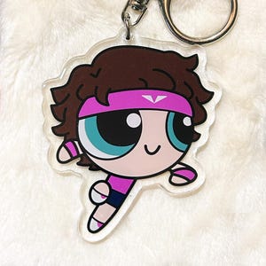 May include: A clear acrylic keychain featuring a cartoon character with brown hair, teal eyes, and a pink headband. The character is wearing a pink shirt and blue shorts. The keychain has a silver metal ring.