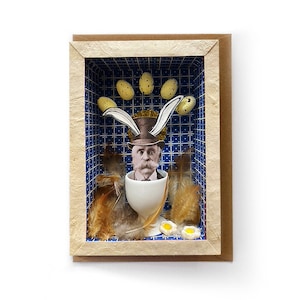 Grußkarte, witzig im Steampunk Stil, lustige Grußkarte, humorvolle Kunstkarte, Collage, Ei, Klappkarte Vintage, Hahn im Korb, Junggeselle