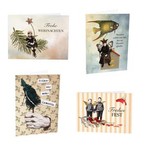 Weihnachtskarten Set, Grußkarten Set, 4 Feiertagskarten, Retro Kunstkarten, Vintage Weihnachten, Kunstkarten, Klappkarten