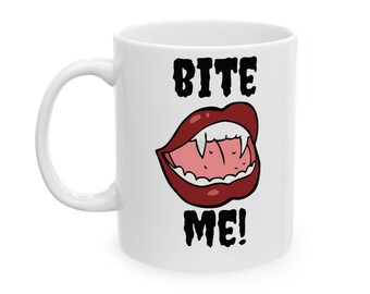 Vampire Bite Me Ceramic Mug, Halloween Coffee Cup, Funny Fangs Tea Mug, Gothic Drinkware, Halloween Party Gift, Horror Lover Mug