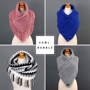 May include: A set of four crocheted cowl neck scarves in pink, blue, gray, and black and white. The scarves are displayed on mannequins and have fringe details. The text "COWL BUNDLE" is displayed in the center of the image.