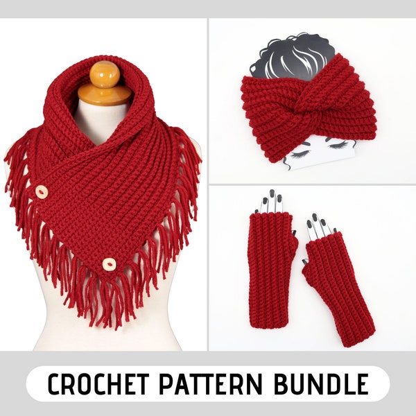 Modèle d'ensemble au crochet, Lot de motifs au crochet, Écharpe et bonnet au crochet, Mitaines au crochet, Bandeau torsadé au crochet, Modèle de capot au crochet