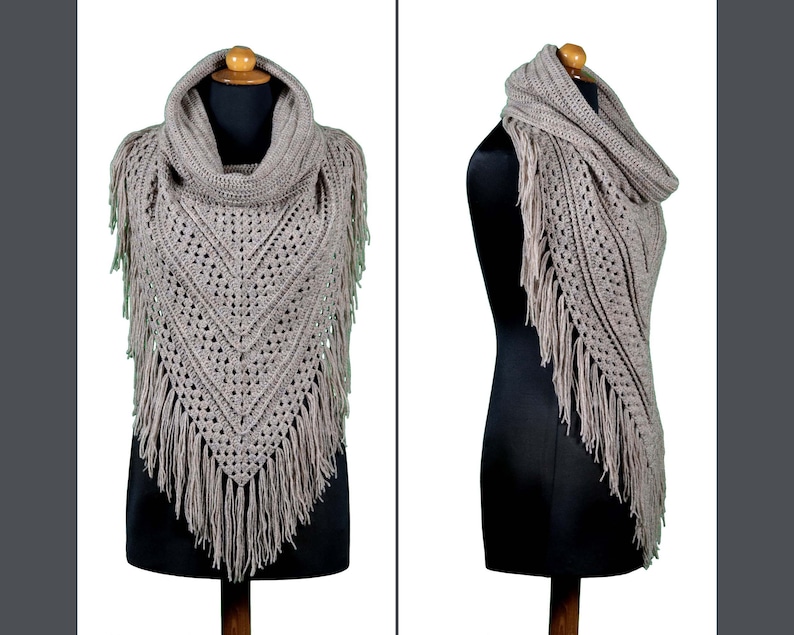 Crochet womens shawl pattern with fringes. Crochet hooded shawl, infinity scarf, cowl, shawl with hood.