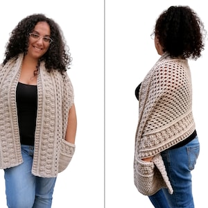 May include: A beige crochet shawl with pockets. The shawl is open in the front and has a loose, flowing fit.