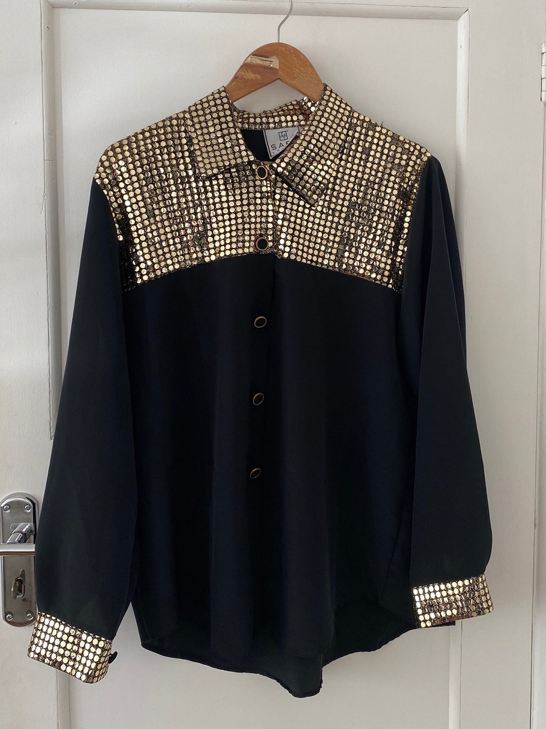 Vintage 80s Sequin Blouse Black Blue Green Gold 8 10