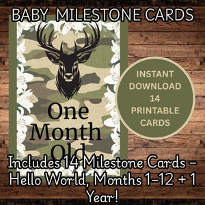 Camo Deer Baby Meilensteinkarten | Jagd-Thema Babypartygeschenk | Druckbare Meilensteine | Hello World + 1-12 Monate + 1 Jahr