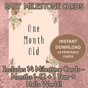 Cartes d'étape imprimables pour bébé | 1-12 mois + 1 an + Hello World | Accessoire photo floral bohème | Cadeau baby shower | Ensemble souvenir fille