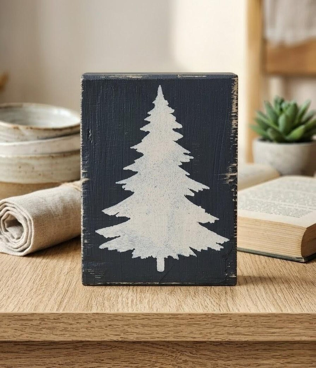 Rustic Tree Woodblock Single Pine Tree Wood Block | Linen Painted Evergreen Sign | Woodland ...