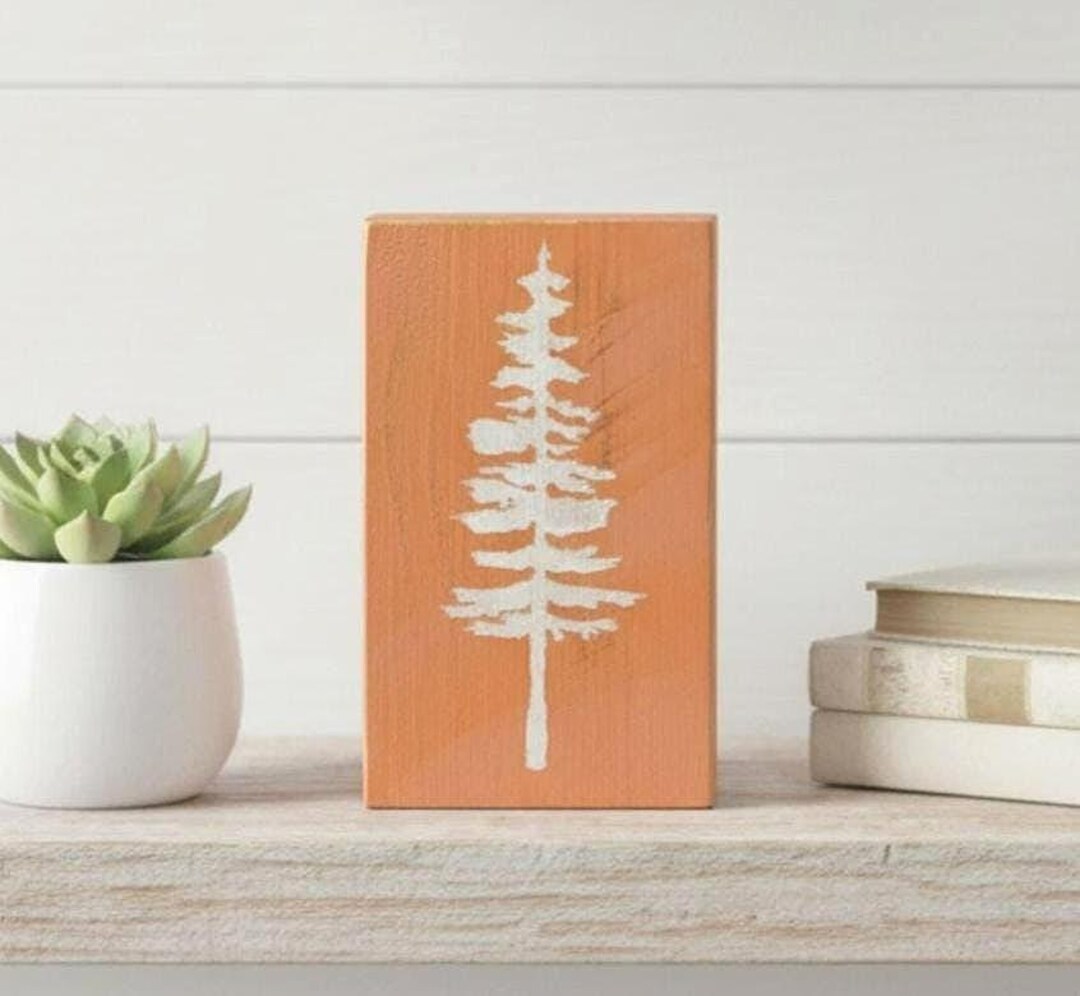 Rustic Tree Woodblock Orange Pine Tree Wood Block | Rustic White Evergreen Sign | Woodland ...