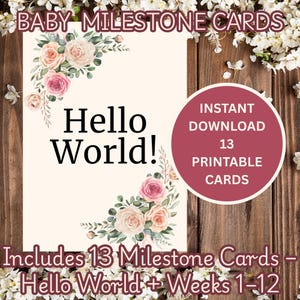 Cartes florales hebdomadaires pour bébé | Bonjour tout le monde + 1 à 12 semaines | Accessoires photo imprimables pour bébé | Cartes de vœux pour nouveau-né | Téléchargement instantané