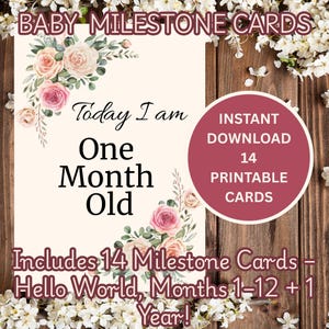 Cartes d'étape florales pour bébé | Bonjour tout le monde, 1-12 mois et un an | Accessoires photo imprimables pour bébé | Téléchargement instantané