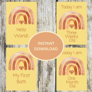 Lot de cartes Milestone bébé bohème | Bonjour tout le monde, hebdomadaire, mensuel et premières | Cartes d'étape neutres arc-en-ciel | Accessoires photo pour bébé | Numérique