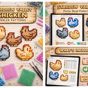Puede incluir: Diseños de pollos pixelados en varios colores, creados con cuentas Perler. La imagen incluye el texto "Stardew Valley Chicken - Perler Patterns" y "Descarga digital."