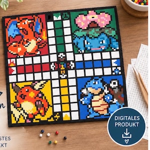 May include: A square board game made of fused plastic beads featuring pixel art of four creatures in the corners. The board has a white cross-shaped path with red, green, yellow, and blue sections. A circular badge reads DIGITALES PRODUKT.