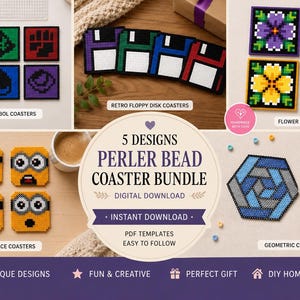 Könnte beinhalten: Ein digitales Download-Paket mit 5 Bügelperlen-Untersetzer-Designs, darunter Elementsymbole, Retro-Disketten, Blumen, Minion-Gesichter und geometrische Muster, inklusive PDF-Vorlagen zum Erstellen dieser quadratischen und sechseckigen Untersetzer.