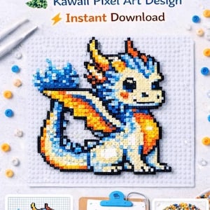 Könnte beinhalten: Ein farbenfrohes Perlenmuster eines niedlichen Drachen mit blauem, orangefarbenem und gelbem Pixel-Art-Design. Das Bild enthält den Text "Cute Dragon Perler Bead Pattern" und "Kawaii Pixel Art Design Instant Download".