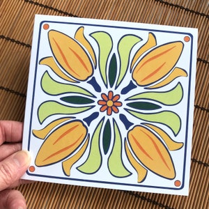 Orange tulips design. Spring flower. Tulip pattern. greetings card. Blank inside. Print of original papercut artwork. 148x148 mm.
