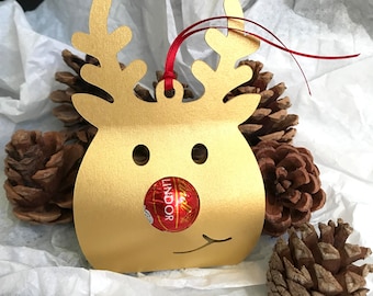Handmade, Cut card. Re-usable Rudolph Reindeer Lindt Chocolate Holder: Xmas Ornament, Party Favor