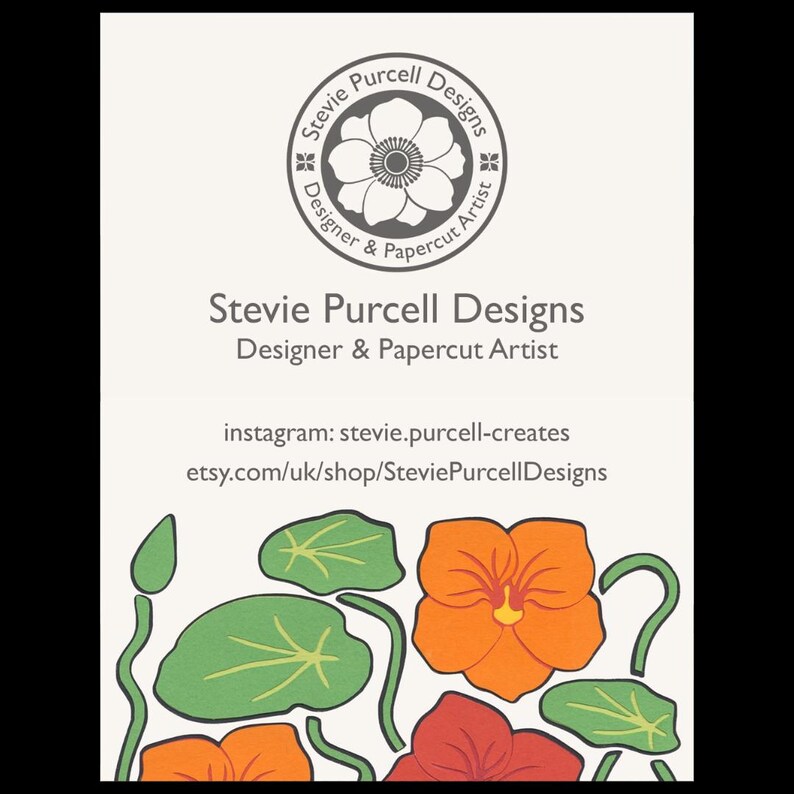 May include: A business card with a floral design. The card features a logo with the text "Stevie Purcell Designs" and the words "Designer & Papercut Artist". The card also includes the text "instagram: stevie.purcell-creates" and "etsy.com/uk/shop/SteviePurcellDesigns".