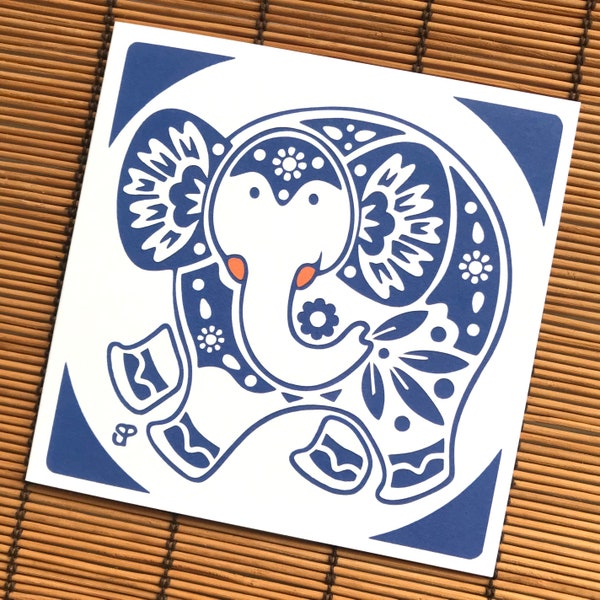 Folk art style. Elephant design. blue, white & orange. Greetings card. Blank inside.  Printed from my original paper cut artwork. 148x148mm