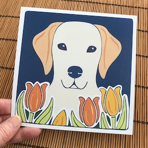 Hund, goldener Labrador. Süßes Hunde Design. Tulpen. orange Farben. Glückwunschkarte. Innen leer. Druck von original Scherenschnitt Illustration. 148x148mm.