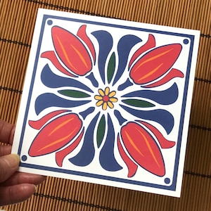 Red tulips. Red flower design. Spring flower. Tulip pattern. greetings card. Blank inside. Print of original papercut artwork. 148x148 mm.