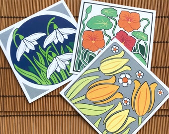 Spring/Summer flower designs. Greetings card bundle. 3 designs. Printed from my original paper cut artworks. Blank inside. 148x148mm