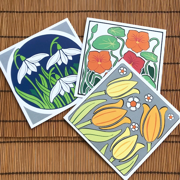 Spring/Summer flower designs. Greetings card bundle. 3 designs. Printed from my original paper cut artworks. Blank inside. 148x148mm