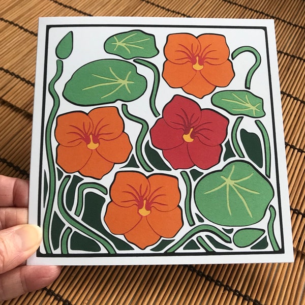 Nasturtiums design. Summer flower. Greetings card. orange, red, green.  Printed from my original paper cut artwork. Blank inside. 148x148mm