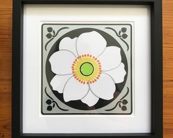 Japanese Anemone design on Black. Stylish. Small, framed, paper art. Hand made. Art Nouveau style.  Limited edition. Frame - 220 x 220mm.