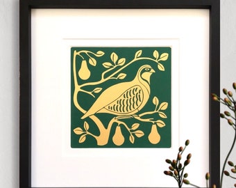 Partridge, pear tree design. Cut card design. Smart, elegant, pearlescent gold and dark green. Unique. Hand made. Black Frame - 270mm square