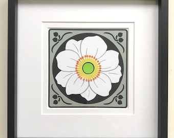 Japanese Anemone design. Flower. Art Deco. Smart elegant design. Cut paper/card layers. Acrylic paint. Hand made. Frame - 270mm square