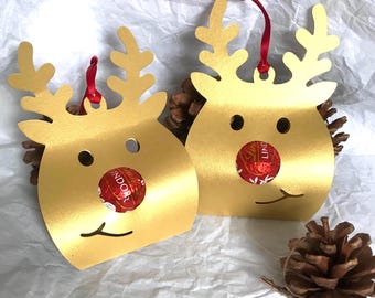 Handmade. Cut card Artwork. Re-usable. Rudolph Reindeer Lindt Chocolate Holder: Christmas Tree Ornament