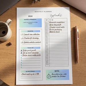 Minimalist Monthly Planner Printable and Editable | 2026 Digital Planner Template | Custom Daily Task Tracker & Priorities Page PDF