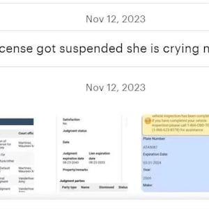 May include: A digital interface displaying court records dated Nov 12, 2023, including a text box stating, Her license got suspended she is crying now, alongside a table of legal events, judgment status details, and a vehicle inspection notification.
