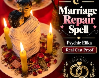 May include: A white plate holds a central figure wrapped in white cord, topped with two black and gold heads, surrounded by three yellow lit candles, dried flower petals, and leaves. Text reads Marriage Repair Spell, Psychic Elika, Real Cast Proof.