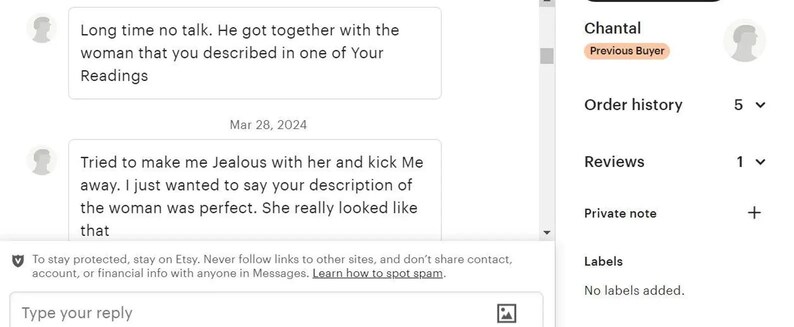 May include: A digital interface showing a message thread with text including 'Long time no talk' and 'Tried to make me jealous', alongside a sidebar displaying user information for Chantal, including order history, reviews, and a private note section.