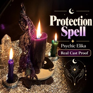 May include: A large purple pillar candle with black wax drippings, a smaller purple candle, and a green candle, all lit. The text reads Protection Spell, Psychic Elika, and Real Cast Proof. A clear crystal point is visible nearby.