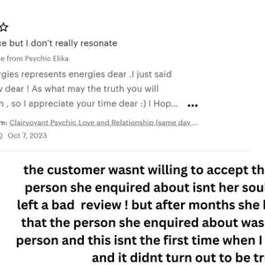 May include: A digital screenshot of a three-star customer review for a psychic service. The review text reads, 'She was nice but I don't really resonate.' A response from Psychic Elika is visible, along with a text block explaining the situation.
